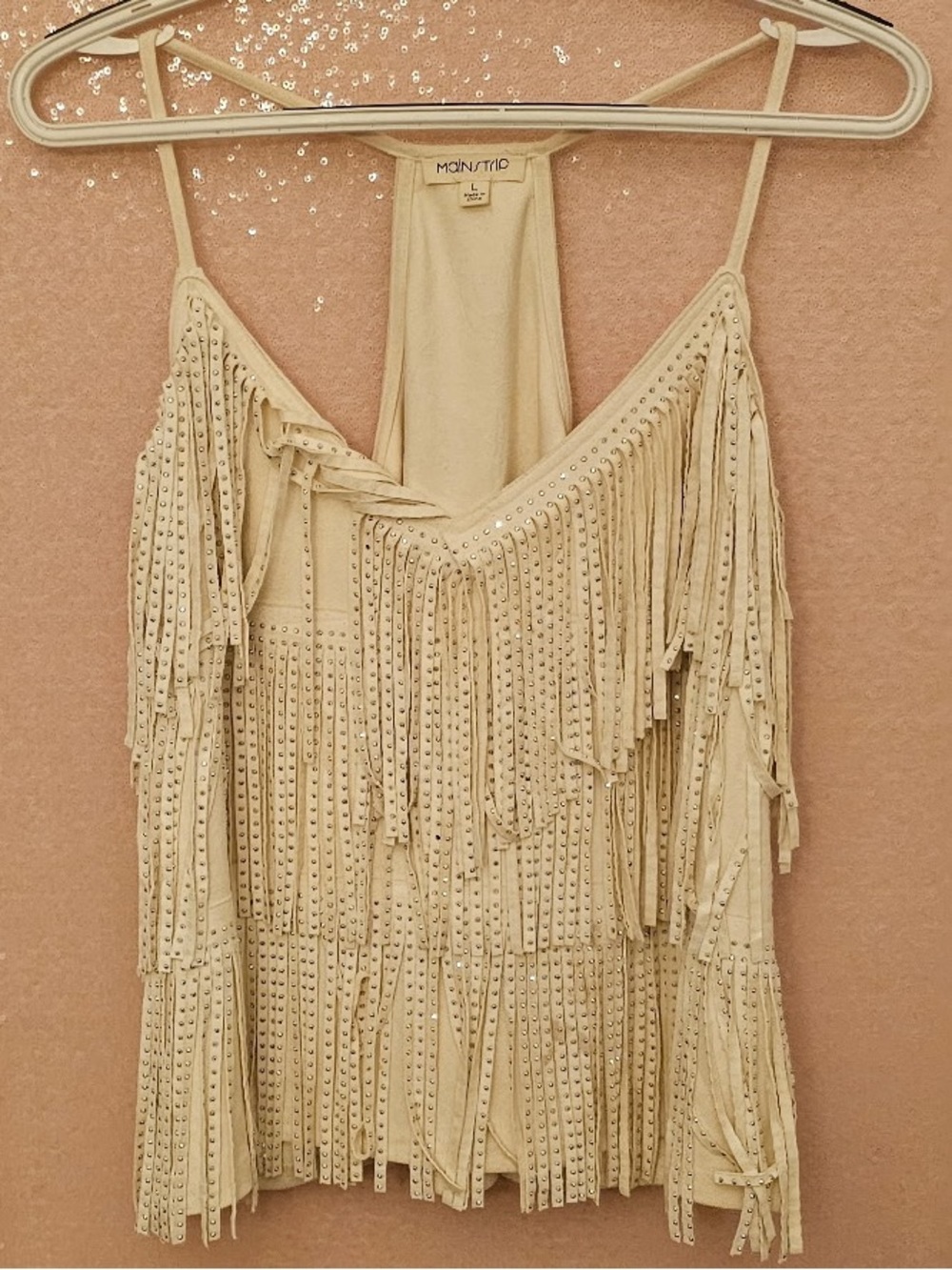 Rhinestone Cream Fringe soft Tank Top